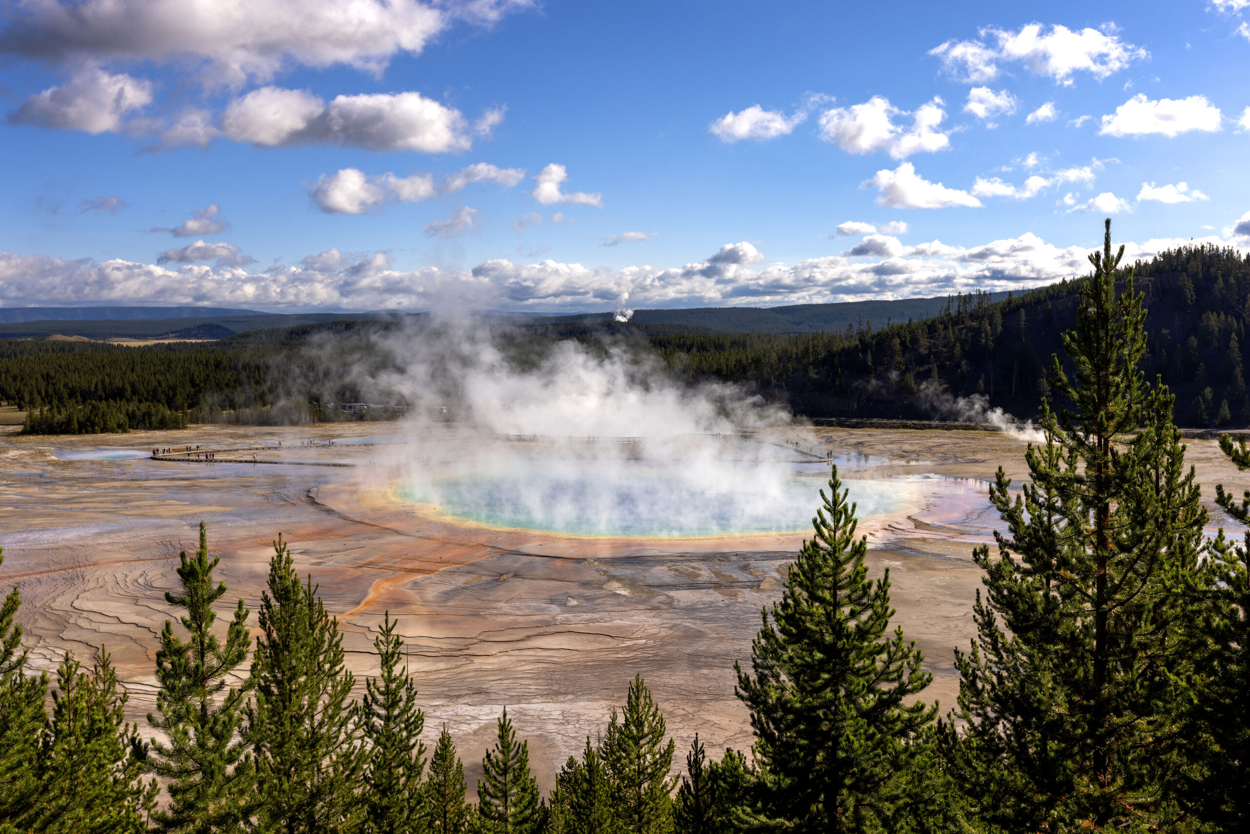 A view of the Grand Prismatic Spring from the Fairy Falls Trail Midway Geyser Basin overlook in Yellowstone National Park.